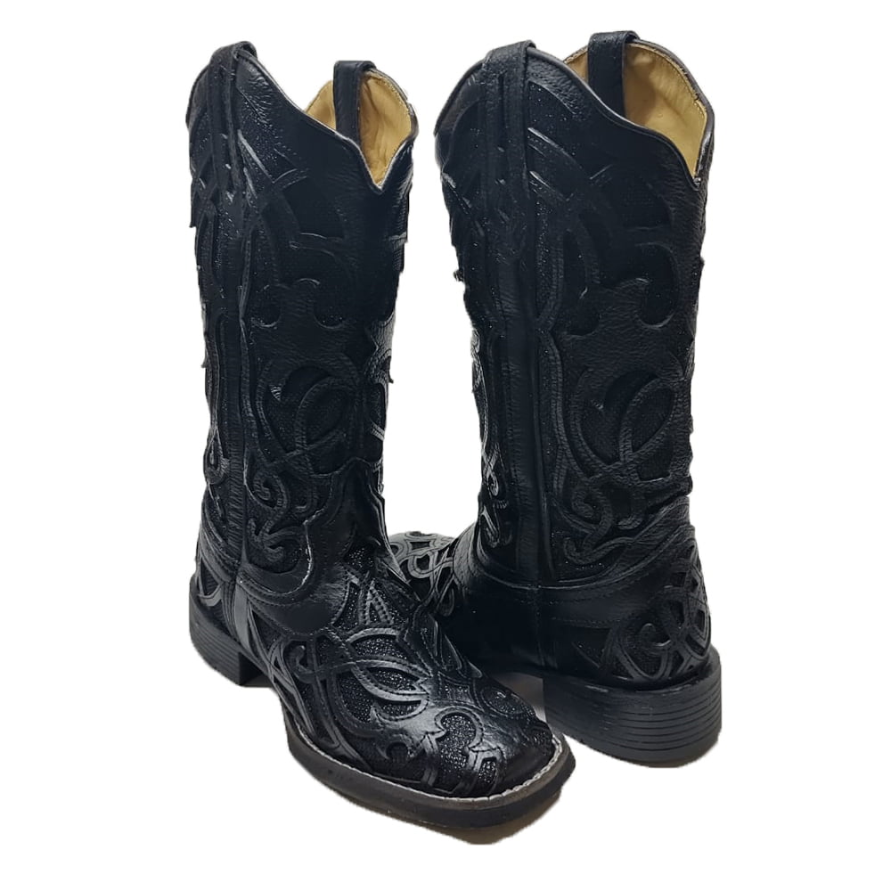 Bota Feminina Cano Longo Laser Couro Preta Texana Country