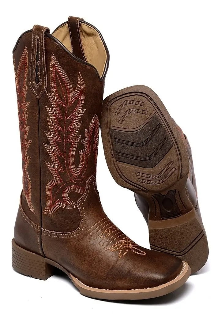 Bota Country Feminina Cano Longo Hopper Bico Quadrado Café