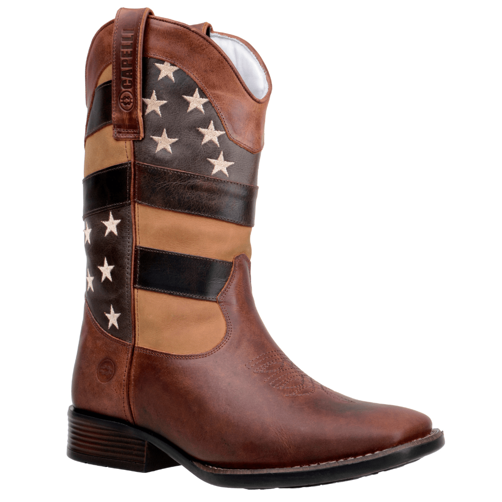 Bota Bico Quadrado Texana Em Couro Nobre Bordada Maverick