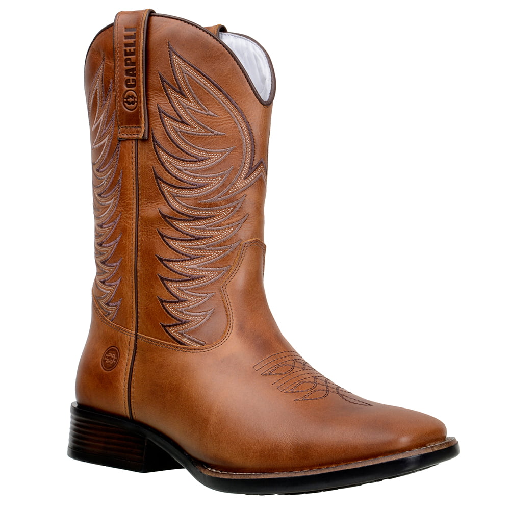 Bota Bico Quadrado Texana Em Couro Nobre Castor Bordada Maverick