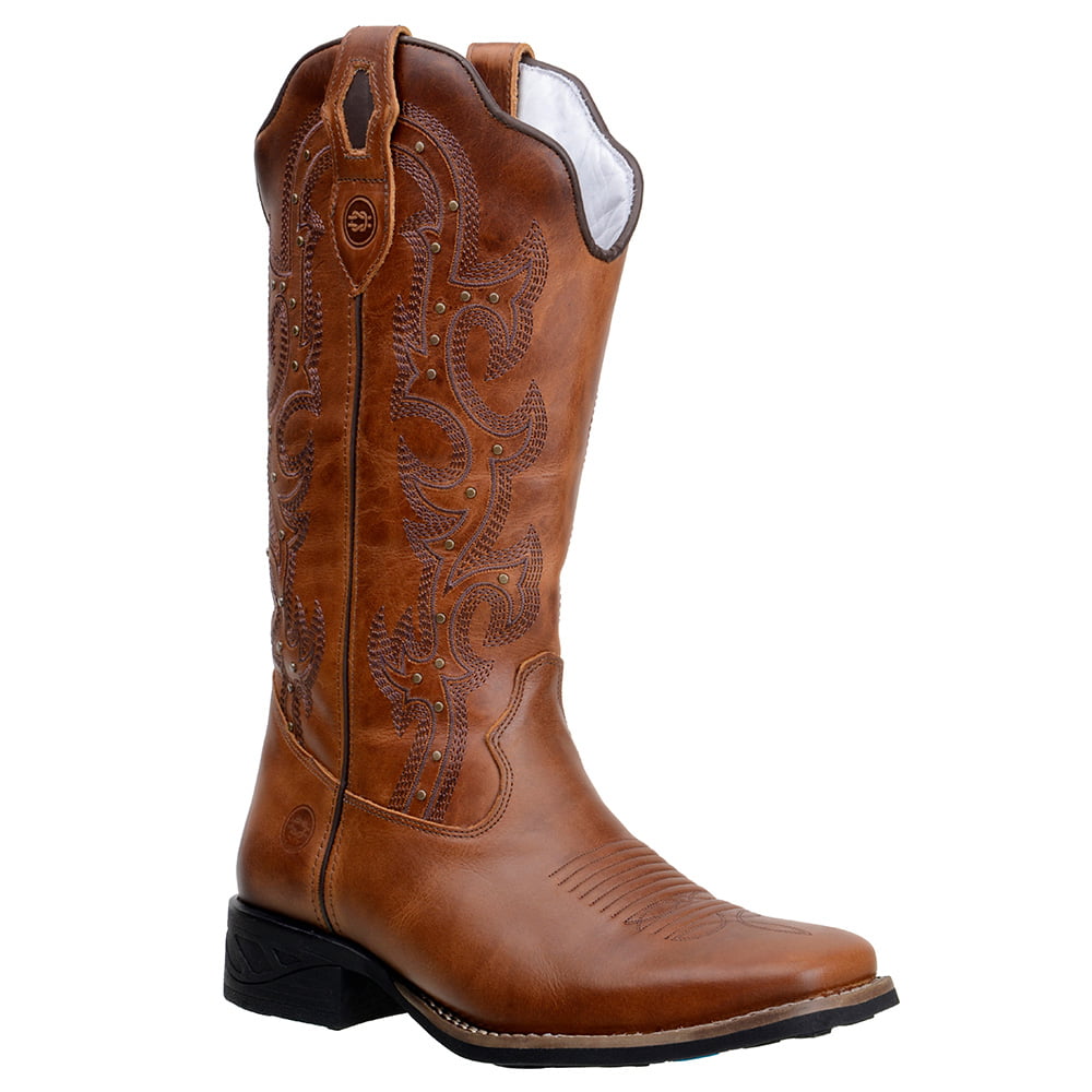 Bota Cano Médio Country Feminina Bico Quadrado Em Couro Fóssil Castor