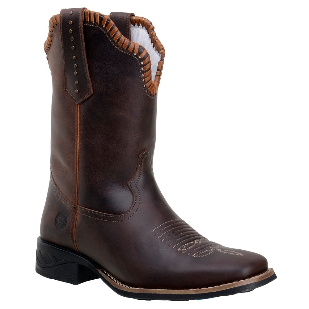 Bota Feminina Bico Quadrado Cano Médio Em Couro Café Trisse Castor