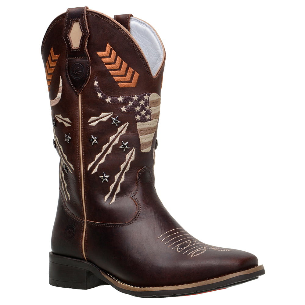 Bota Feminina Cano Médio Em Couro Nobre Na Cor Fóssil Café Bordada