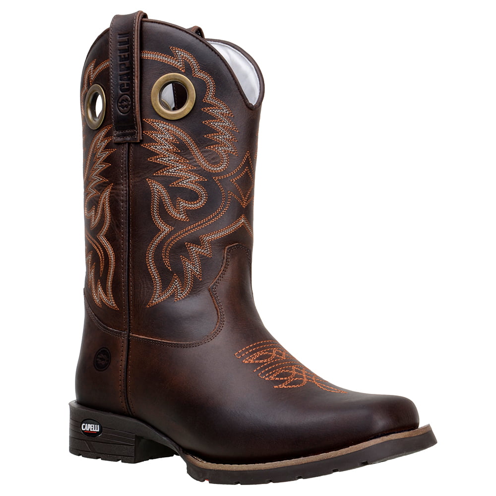 Bota Masculina Texana em Couro Legitimo Cor Café Bico Quadrado