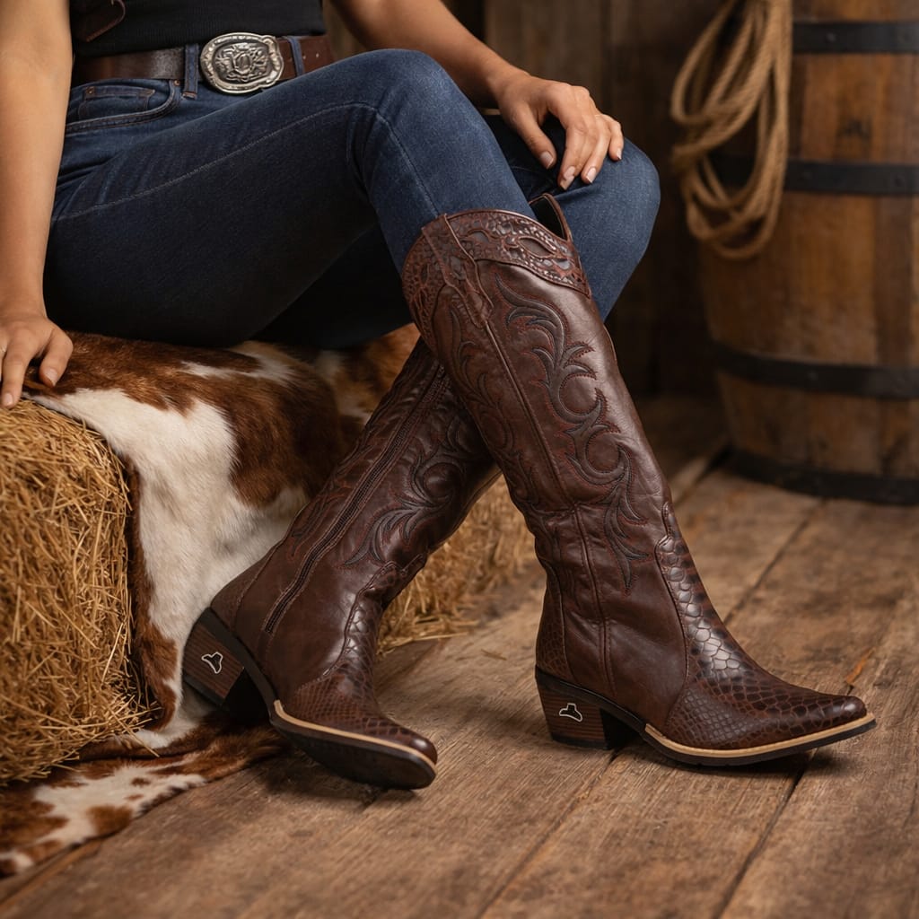 Bota Texana Country Feminina Jacaré Café Couro 