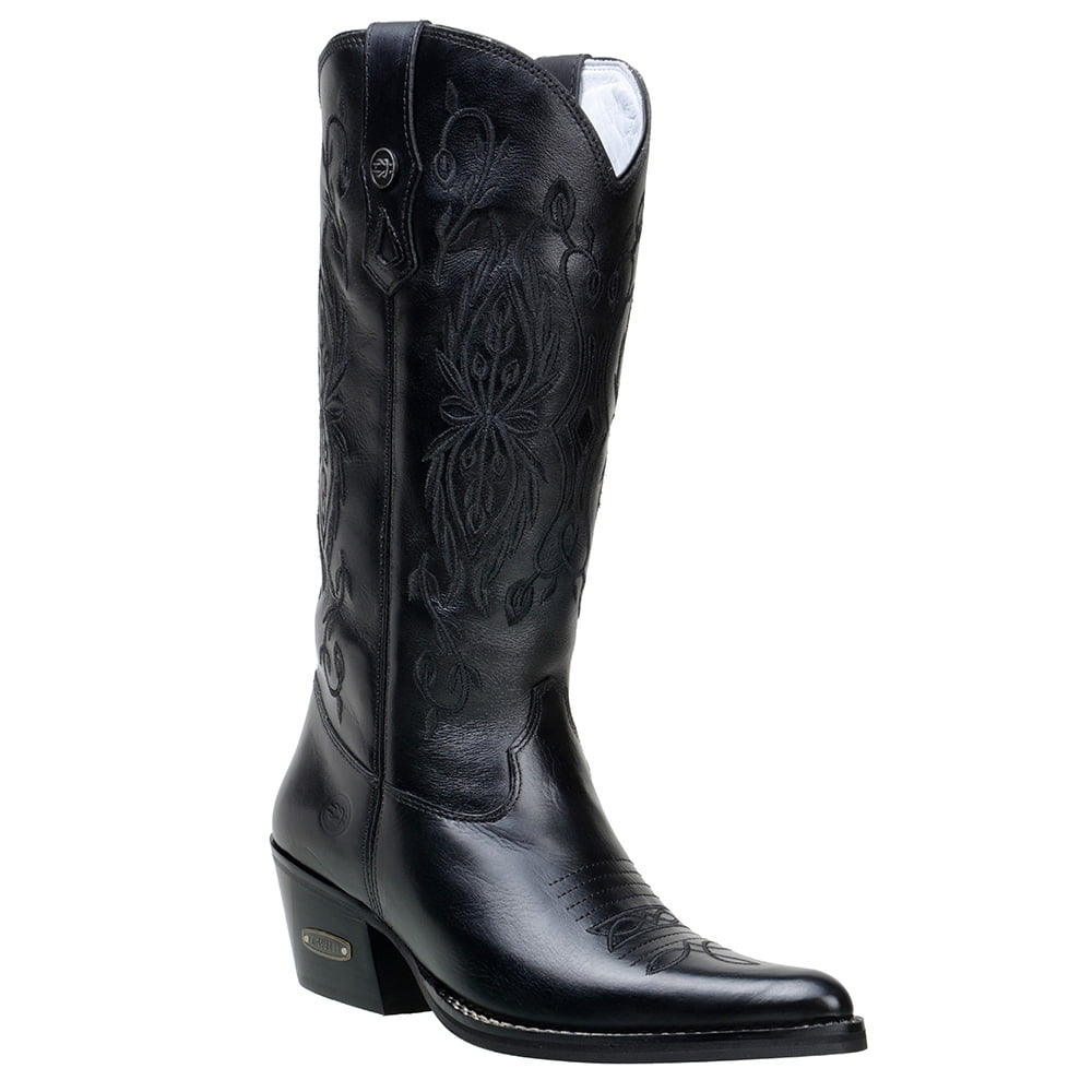 Bota Western Feminina Bico Fino Couro Nobre Preta
