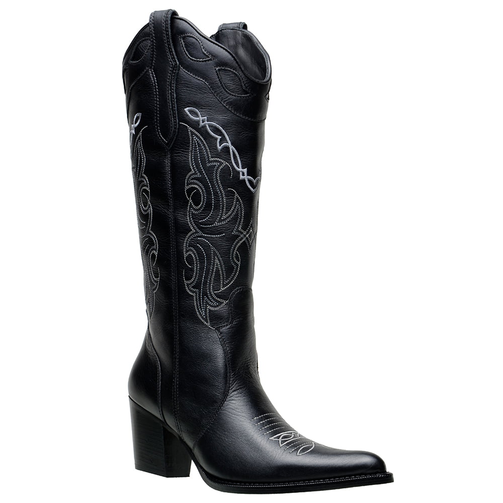 Bota Texana Feminina com Cano Bordado e Bico Fino