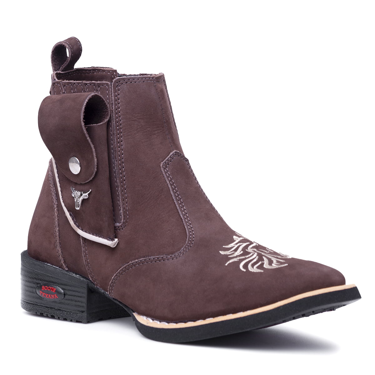 Bota Botina Country Bico Quadrado Bainha Para Canivete de Couro Marrom