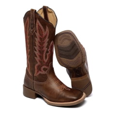 Bota Country Feminina Cano Longo Hopper Bico Quadrado Café Bordada