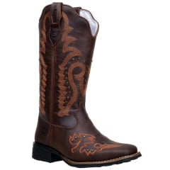 Bota Cano Médio Country Feminina Bico Quadrado Bordado Ferrugem