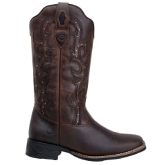 Bota Country Feminina Bico Quadrado Em Couro Fóssil Café Bordado Preto