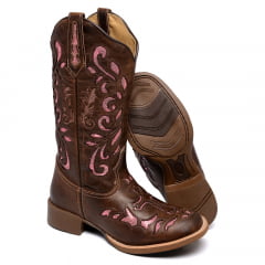 Bota Country Feminina Cano Longo Laser Rosa Bico Redondo