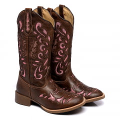 Bota Country Feminina Cano Longo Laser Rosa Bico Redondo