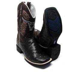 Bota Country Masculina Estilizada Avestruz Preto Touro Rodeio