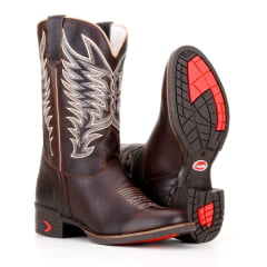 Bota Country Montaria Masculina Em Couro Nobre Café Bico Redondo