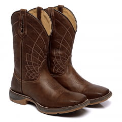 Bota Marrom Masculina Country Texana Cano Longo Bico Quadrado Couro