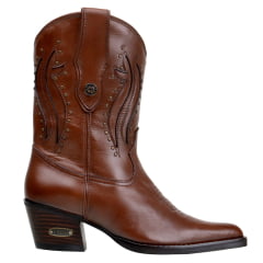 Bota Feminina Bico Fino Cano Curto Em Couro Nobre Cor Pinhão Spike e Laser