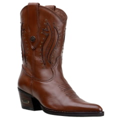 Bota Feminina Bico Fino Cano Curto Em Couro Nobre Cor Pinhão Spike e Laser