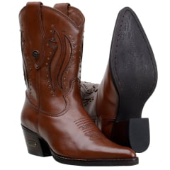 Bota Feminina Bico Fino Cano Curto Em Couro Nobre Cor Pinhão Spike e Laser