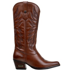 Bota Feminina Texana Couro Legitimo Bico Fino Cor Pinhão Bordado Café