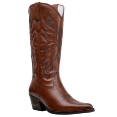Bota Feminina Texana Couro Legitimo Bico Fino Cor Pinhão Bordado Café