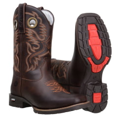 Bota Masculina Texana em Couro Legitimo Cor Café Bico Quadrado
