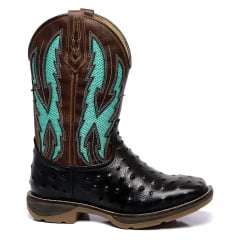 Bota Texana Masculina Preta Couro Solado Jump Avestruz Laser