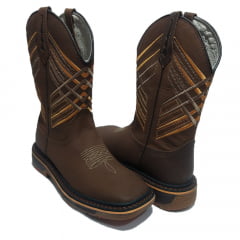 Bota Country Texana Marrom Masculina Bordado Realce Vira Preta