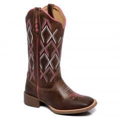 Bota Texana Feminina Country Cano Longo Detalhes Colorido Couro