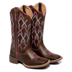 Bota Texana Feminina Country Cano Longo Detalhes Colorido Couro