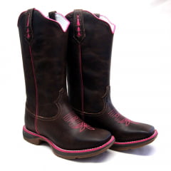 Bota Texana Country Feminina Marrom Sola Jump Florão Rosa Hopper