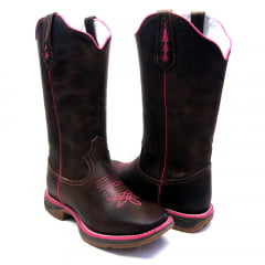 Bota Texana Country Feminina Marrom Sola Jump Florão Rosa Hopper