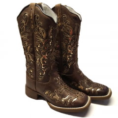 Bota Texana Country Feminina Cano Longo Cruz Laser Couro 