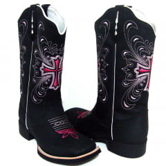 Bota Texana Country Feminina Hopper Preta Cruz Rosa