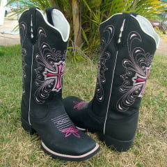 Bota Texana Country Feminina Hopper Preta Cruz Rosa