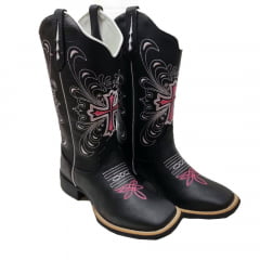 Bota Texana Country Feminina Hopper Preta Cruz Rosa