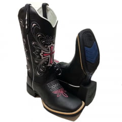 Bota Texana Country Feminina Hopper Preta Cruz Rosa