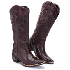 Bota Texana Country Feminina Jacaré Café Couro 