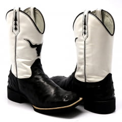 Bota Texana Country Masculina Avestruz Preta Cano Branco