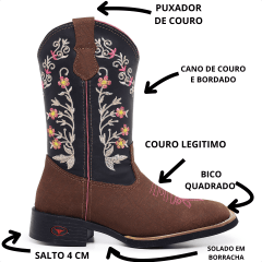 Bota Texana Feminina Bico Quadrado em Couro Legítimo Marrom