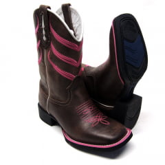 Bota Texana Feminina Bordado Pink Marrom