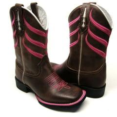 Bota Texana Feminina Bordado Pink Marrom