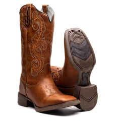 Bota Texana Feminina Castor Couro Legítimo Bico Quadrado Bordado Country Premium