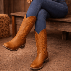 Bota Texana Feminina Castor Couro Legítimo Bico Quadrado Bordado Country Premium Bota Texana Feminina Castor Couro Legítimo Bico Quadrado Bordado Country Premium
