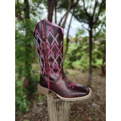 Bota Texana Feminina Country Cano Longo Detalhes Colorido Couro