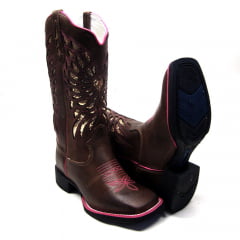 Bota Texana Feminina Country Laser Coração Rosa