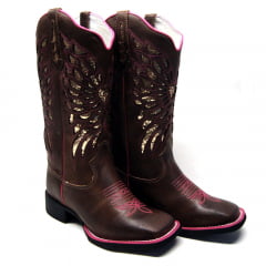 Bota Texana Feminina Country Laser Coração Rosa