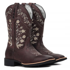 Bota Texana Feminina Country Couro Bordados Bege