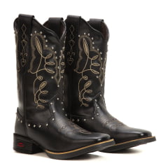 Bota Texana Feminina em Couro Legítimo Detalhes Metal