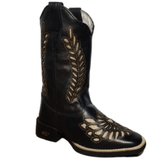 Bota Texana Feminina Preta Bordada Laser Couro Legítimo